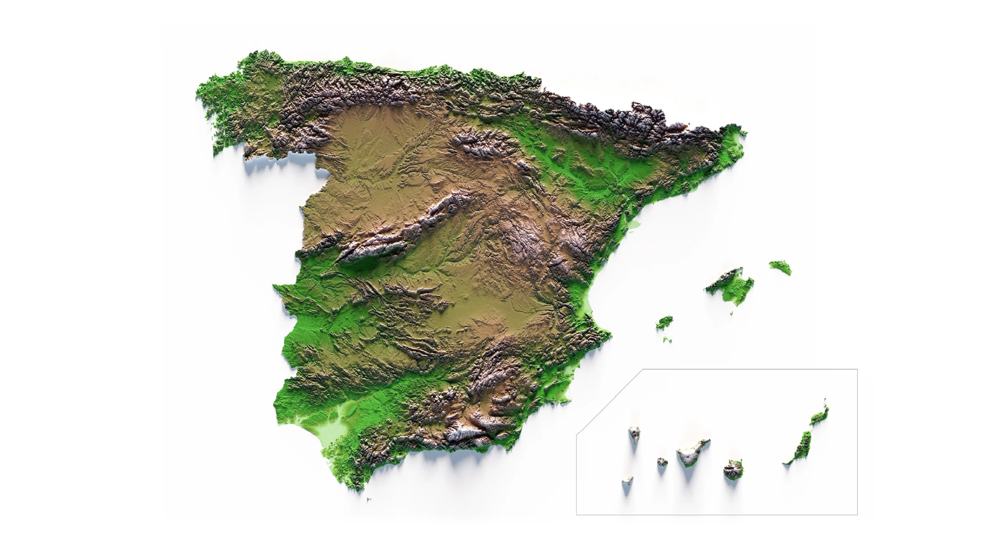 Mapa 3D en relieve de España con universidades de Ingeniería de Minas